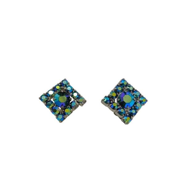 Vintage Blue Aurora Borealis Rhinestone Earrings | Square Diamond Design - Picture 4 of 5